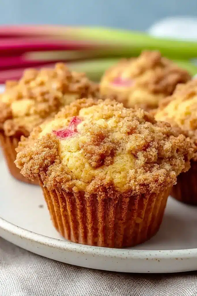 Quick rhubarb muffins with crumb topping on a plate, soft and moist texture
