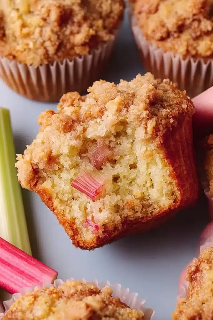 Quick rhubarb muffins being broken open showing soft moist texture
