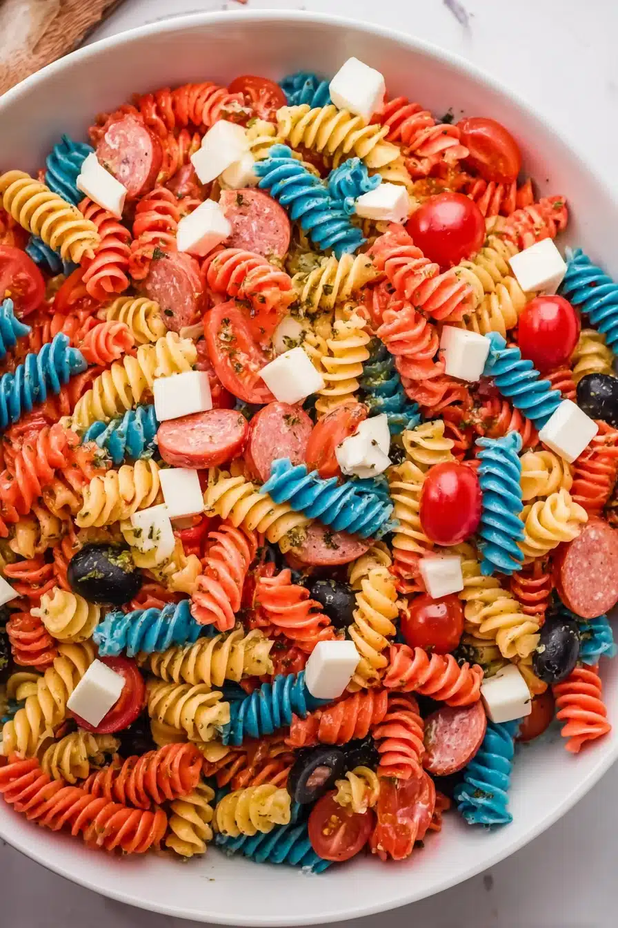 Red white and blue pasta salad with tomatoes, mozzarella, olives, and pepperoni in a bowl