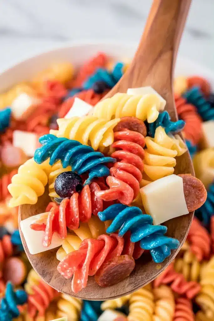 Red White and Blue Pasta Salad served on spoon with mozzarella, olives and pepperoni