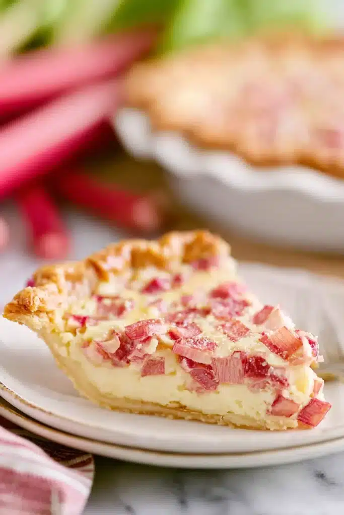 Slice of Rhubarb Custard Pie with creamy filling and flaky crust on plate