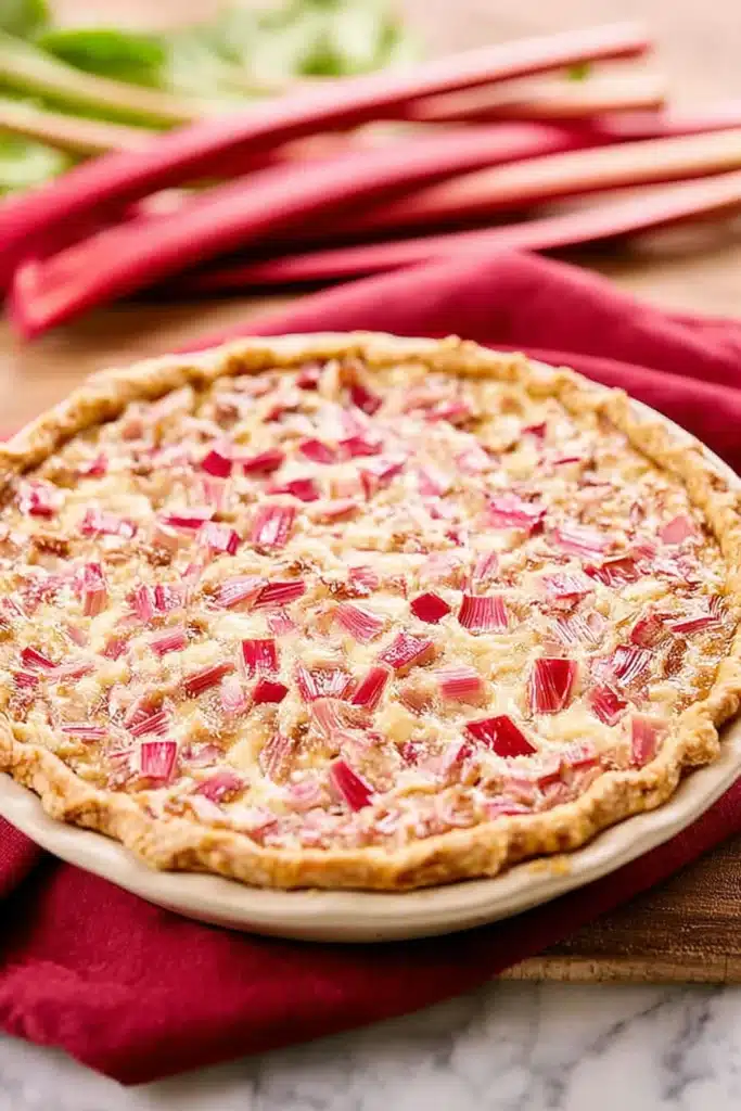 Rhubarb Custard Pie with creamy filling and golden crust in glass dish