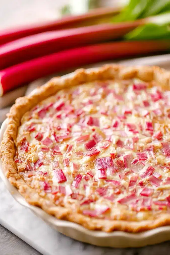 Rhubarb custard pie with creamy filling and golden crust on a rustic table