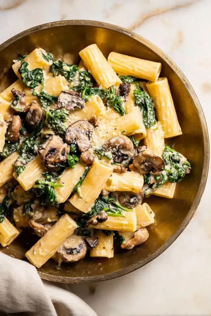 Spinach mushroom pasta with creamy sauce, rigatoni, sautéed mushrooms, and fresh spinach