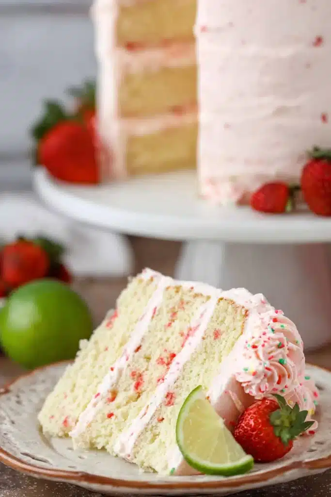 Strawberry margarita layer cake slice with lime and fresh strawberries on a plate