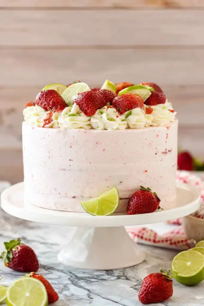 Strawberry Margarita Layer Cake with fresh strawberries and lime on cake stand