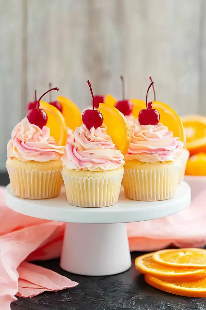 Tequila Sunrise Cupcakes (Bright & Boozy Cinco de Mayo Dessert) 2 Tequila Sunrise Cupcakes with pink swirl frosting cherries and orange slices