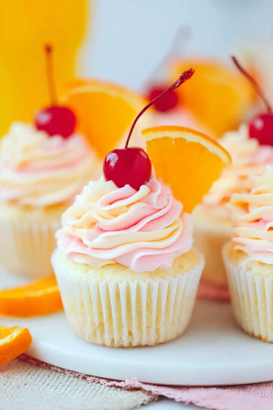 home 6 Tequila Sunrise Cupcakes with pink swirl frosting cherries and orange slices