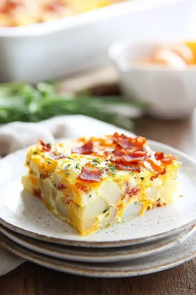 Breakfast Casserole Recipe That’s Easy, Cheesy, and Crowd-Pleasing 2 slice of breakfast casserole with potatoes cheese and bacon