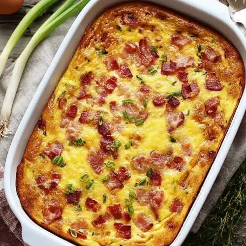 Breakfast Casserole Recipe That’s Easy, Cheesy, and Crowd-Pleasing 3 cheesy breakfast casserole with crispy bacon in baking dish