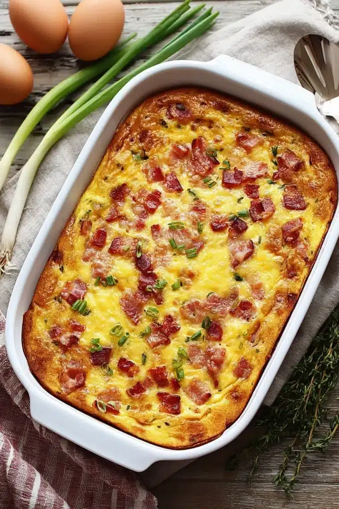 Breakfast Casserole Recipe That’s Easy, Cheesy, and Crowd-Pleasing 1 cheesy breakfast casserole with crispy bacon in baking dish