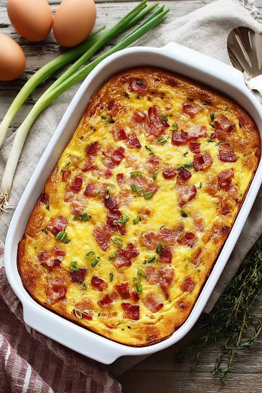 home 6 cheesy breakfast casserole with crispy bacon in baking dish