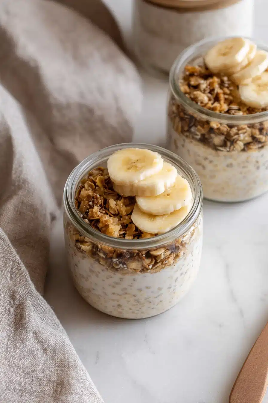 home 7 Brown sugar overnight oats with banana slices and granola in jars