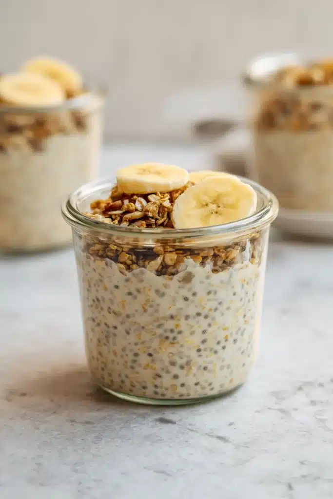 Brown Sugar Overnight Oats Recipe for Easy Breakfast 3 brown sugar overnight oats with banana and granola in glass jar