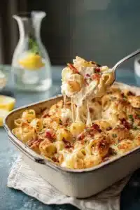 Classic Crack Chicken Casserole with melted cheese stretch and crispy bacon