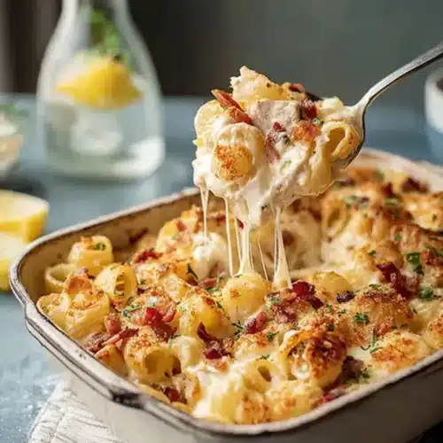 Classic Crack Chicken Casserole with melted cheese stretch and crispy bacon