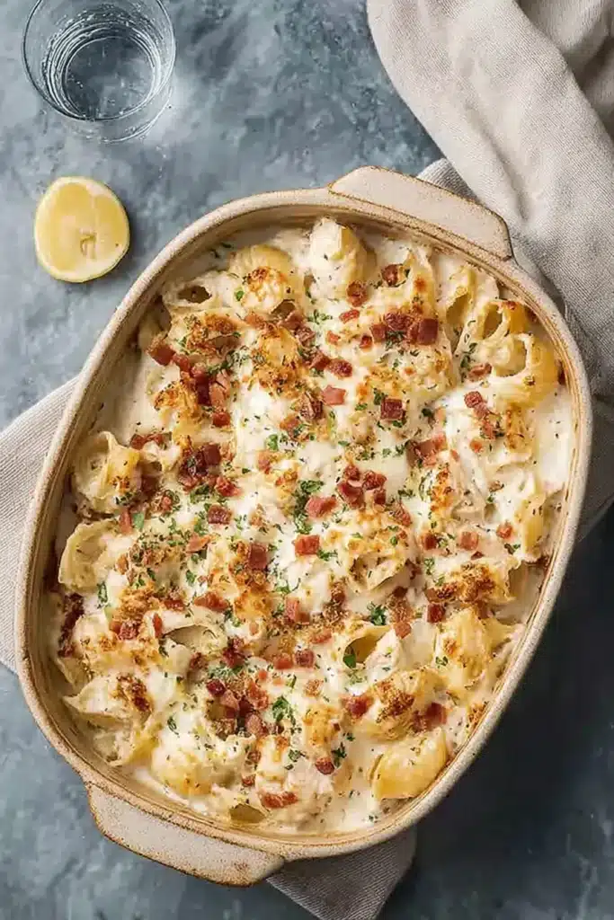 Classic Crack Chicken Casserole with creamy cheese and crispy bacon topping
