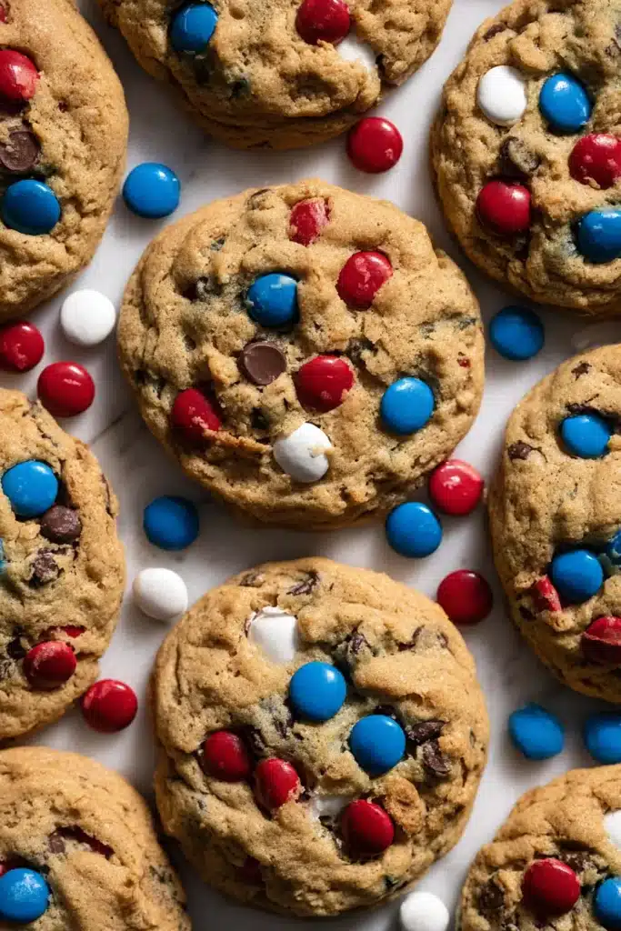 close up 4th of July Monster Cookies with red white blue candies and chocolate chips