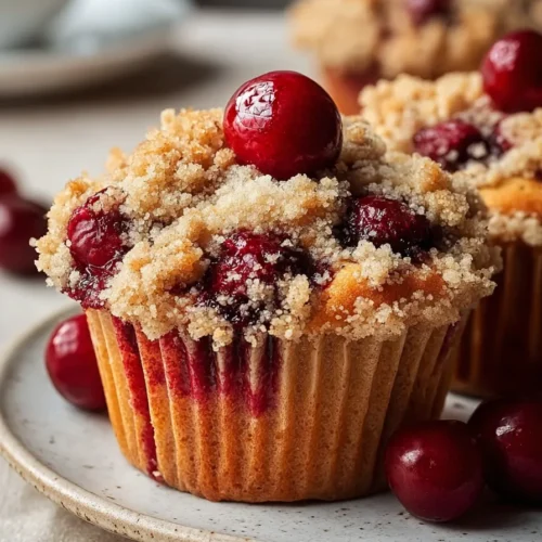 Easy Cherry Cobbler Muffins close up showing crumb topping and cherries