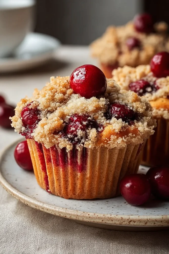 Easy Cherry Cobbler Muffins close up showing crumb topping and cherries
