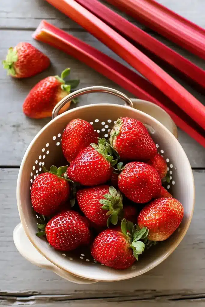 Fresh strawberries and rhubarb for Strawberry Rhubarb Crisp