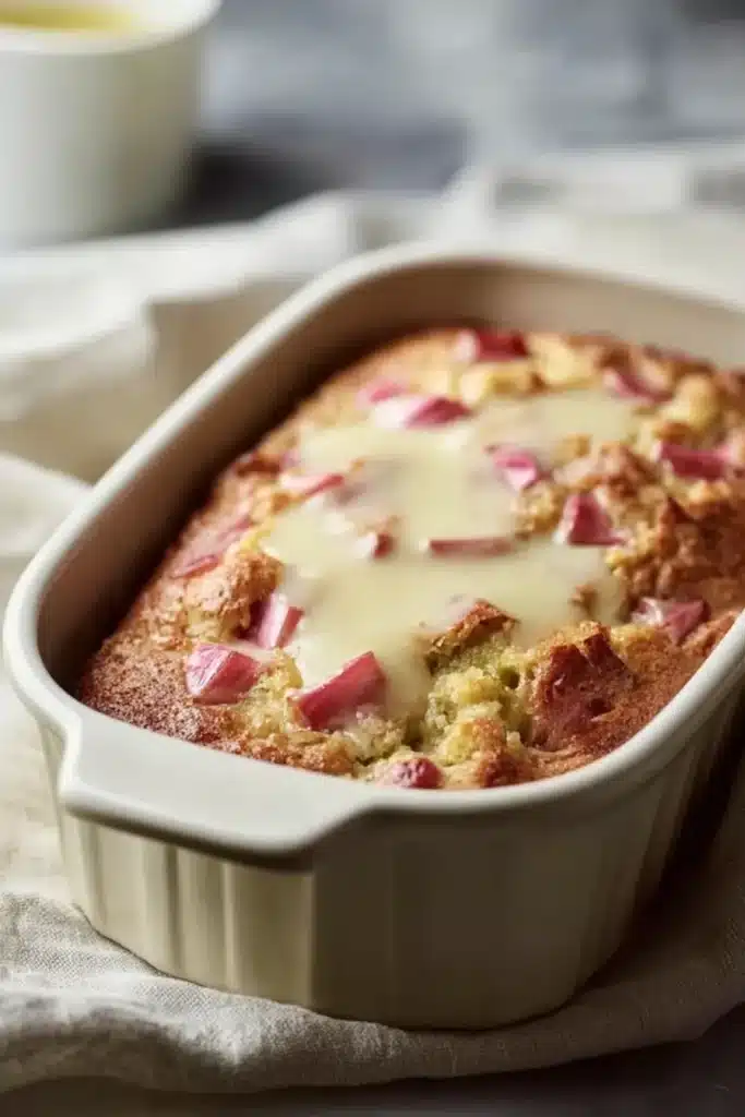 Warm Rhubarb Cake baked in dish with butter sauce center