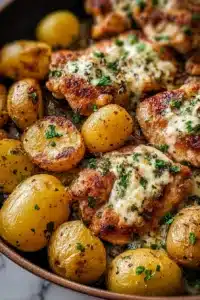 Garlic Parmesan Chicken with crispy roasted potatoes in skillet