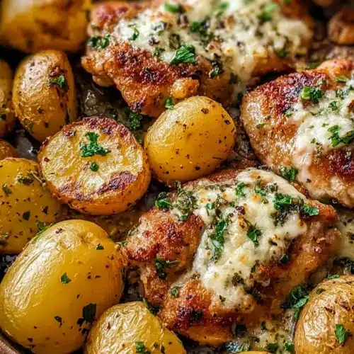 Garlic Parmesan Chicken with crispy roasted potatoes in skillet