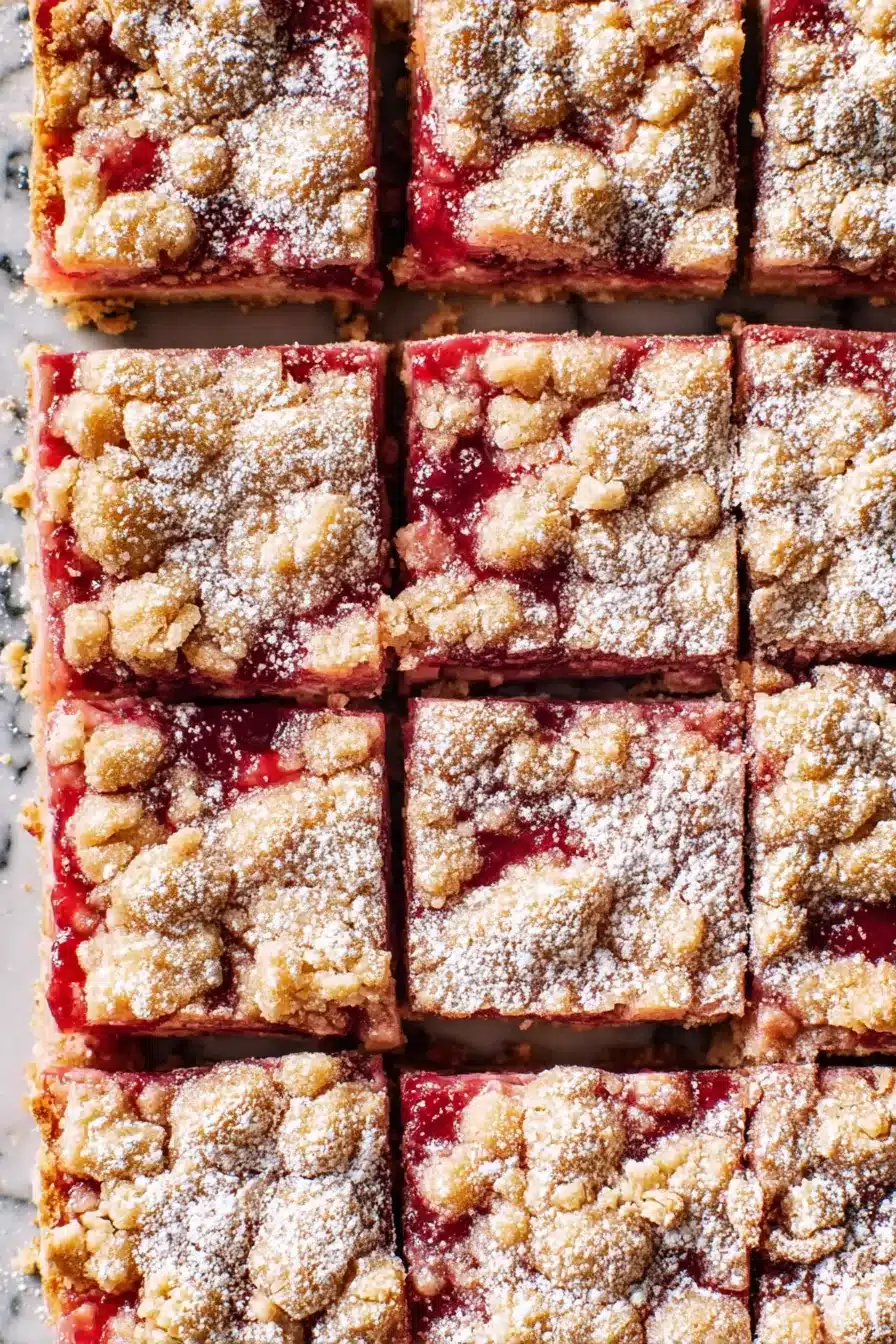 Gluten Free Rhubarb Crumble Bars with golden crumble topping and red filling
