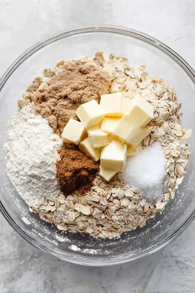 Strawberry Rhubarb Crisp topping ingredients with oats flour and butter