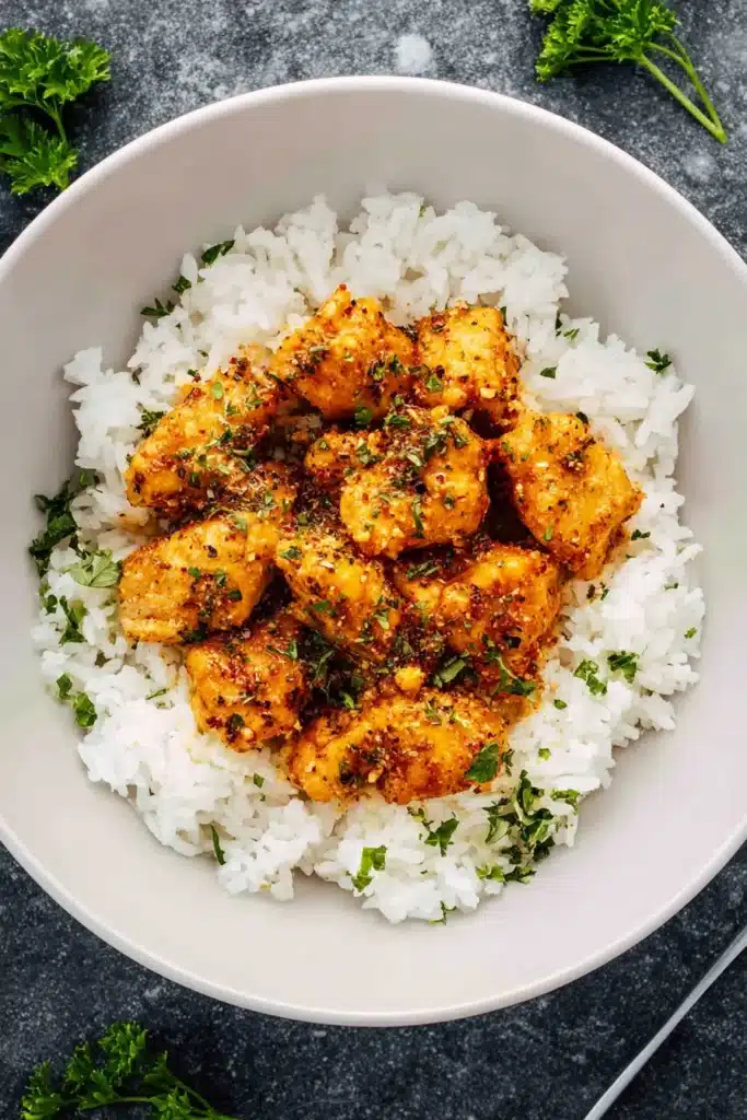 Oven Baked Chicken Bites served over rice with parsley garnish