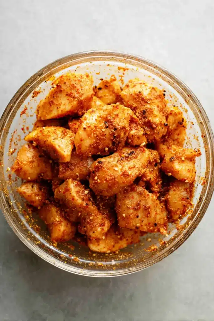 Oven Baked Chicken Bites coated in seasoning before baking