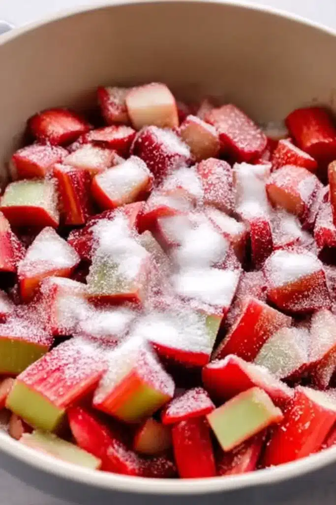 Gluten Free Rhubarb Crumble Bars filling spread over batter in pan