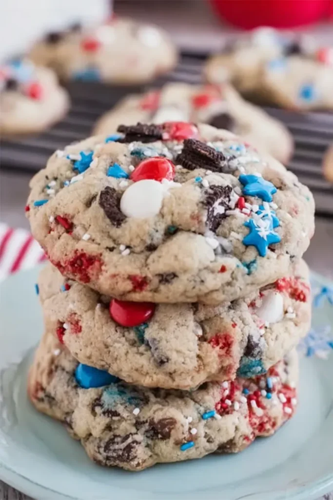 Stacked 4th of July Cookies with red white and blue candies