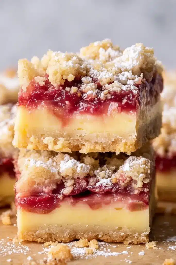 Gluten Free Rhubarb Crumble Bars stacked showing layers and crumb topping