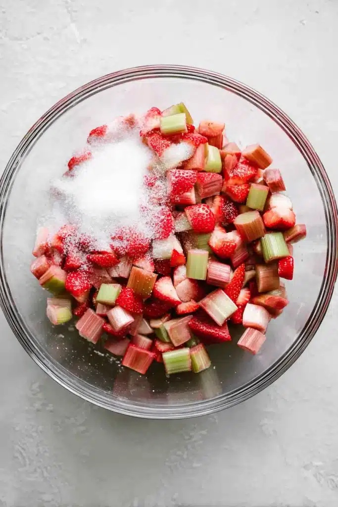 Mixing Strawberry Rhubarb Crisp filling with strawberries rhubarb and sugar