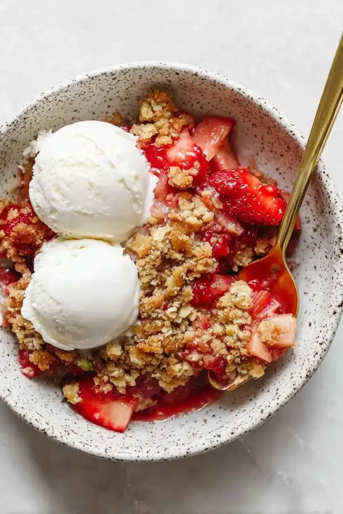 Strawberry Rhubarb Crisp served with vanilla ice cream in a bowl