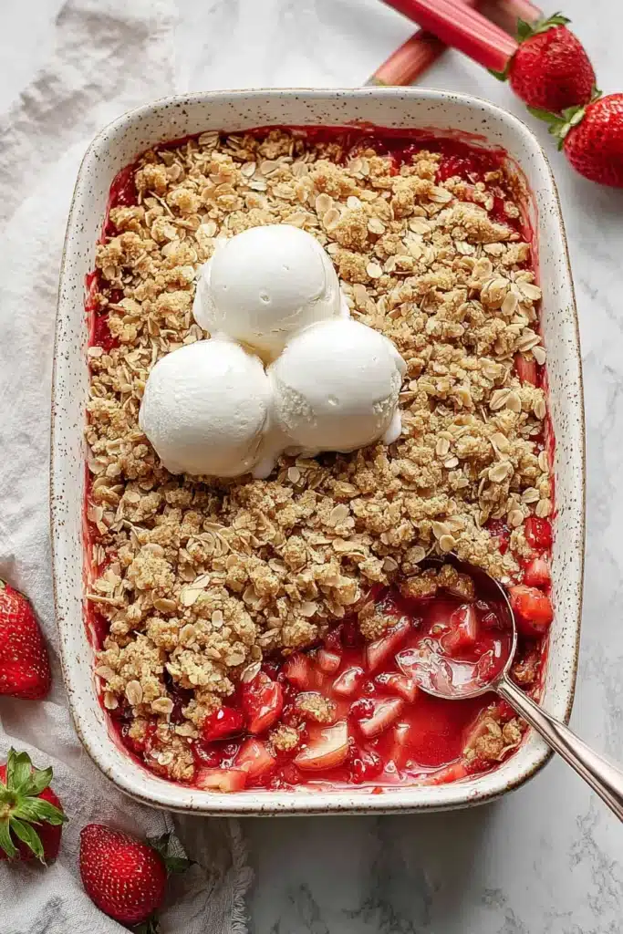 Strawberry Rhubarb Crisp with oat topping and vanilla ice cream