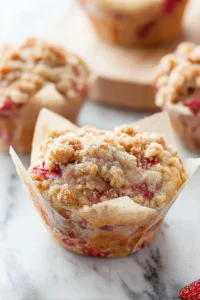 Strawberry Rhubarb Muffins with crumbly streusel topping close up