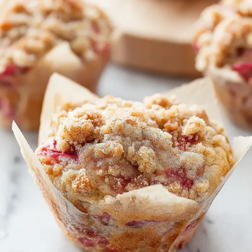 Strawberry Rhubarb Muffins with crumbly streusel topping close up