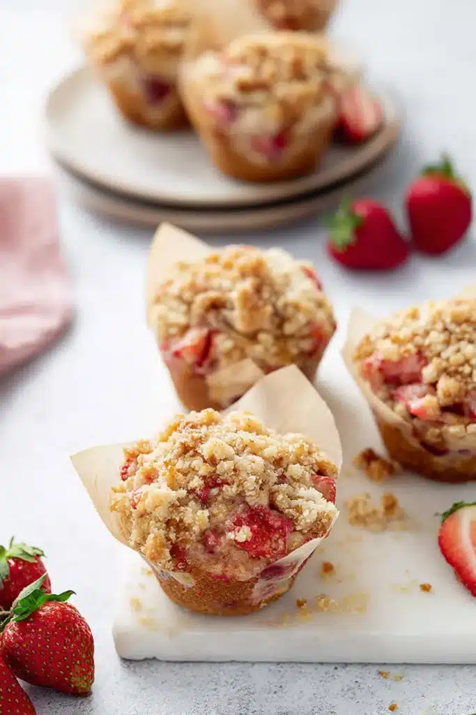 Strawberry Rhubarb Muffins with streusel topping and fresh strawberries
