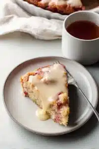 Warm Rhubarb Cake with creamy butter sauce on plate