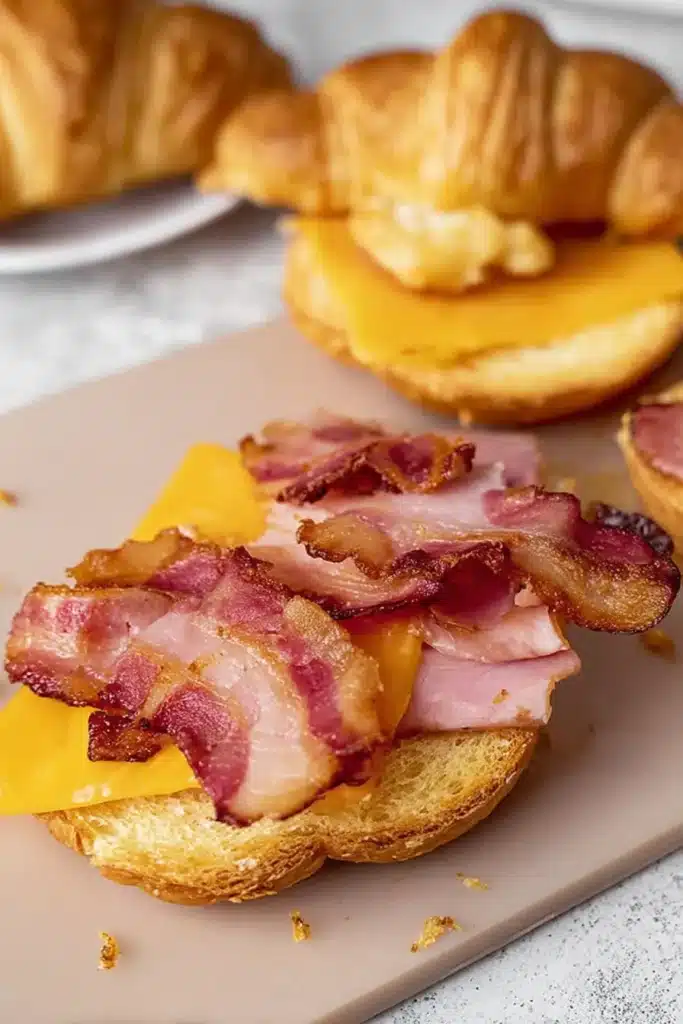 Croissant Breakfast Sandwiches 2 Croissant Breakfast Sandwiches with bacon ham and cheddar before baking