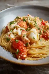 Buttered lobster pasta with cherry tomatoes and silky angel hair in a rustic ceramic bowl