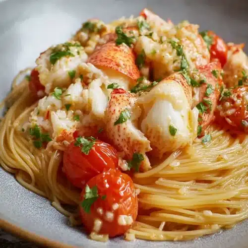 Buttered Lobster Pasta 5 Buttered lobster pasta with cherry tomatoes and silky angel hair in a rustic ceramic bowl
