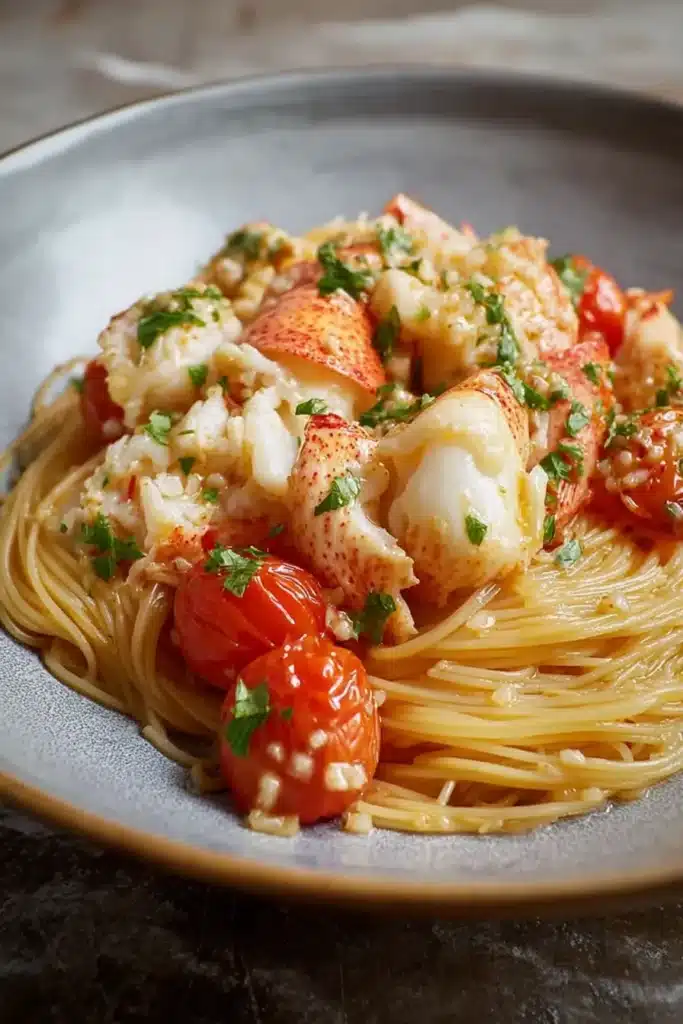Buttered Lobster Pasta 1 Buttered lobster pasta with cherry tomatoes and silky angel hair in a rustic ceramic bowl