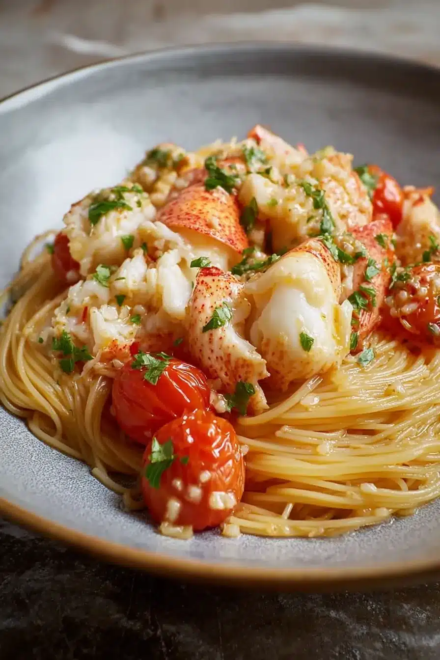 Buttered lobster pasta with cherry tomatoes and silky angel hair in a rustic ceramic bowl