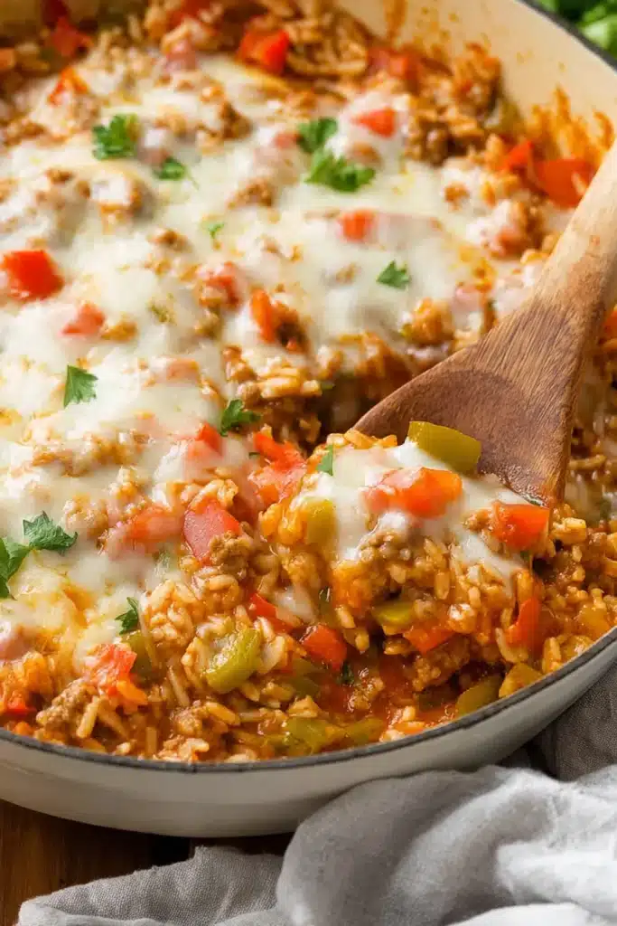 Stuffed Pepper Casserole 4 Stuffed Pepper Casserole with melted cheese, rice, sausage, and peppers