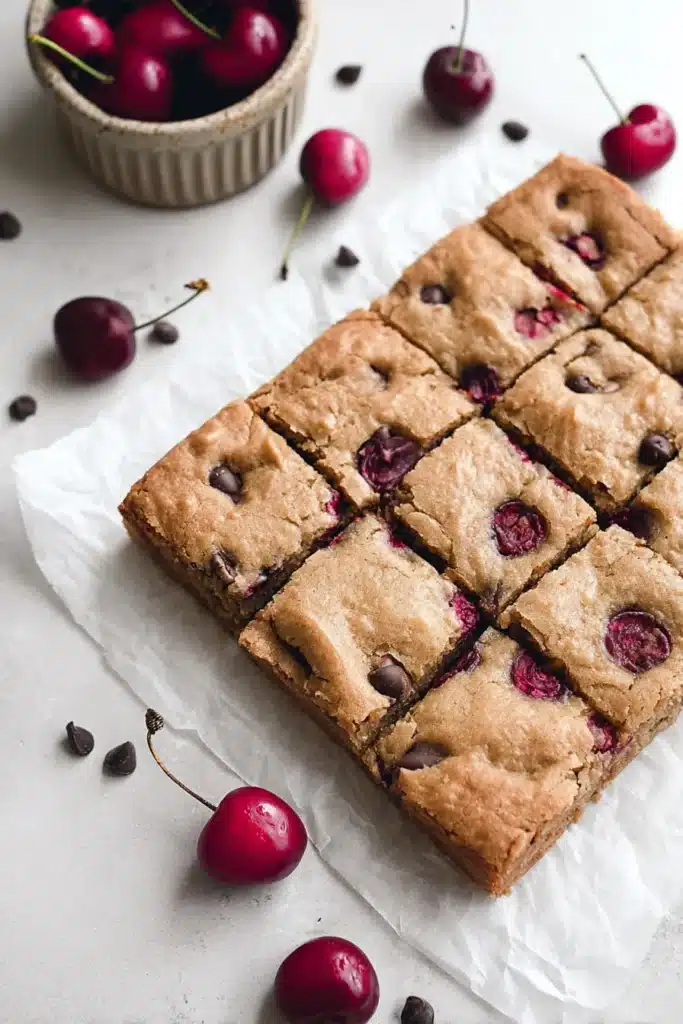 Cherry chocolate chip blondies baked in a pan with fresh cherries and dark chocolate chips