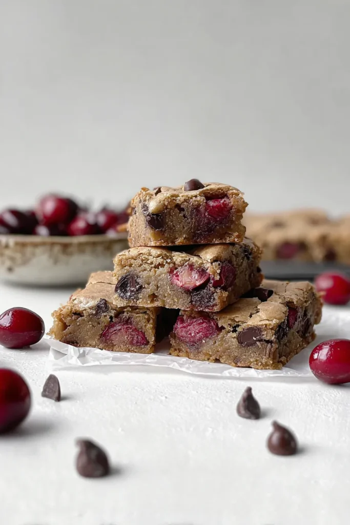 Cherry chocolate chip blondies stacked with fresh cherries and dark chocolate chips